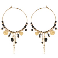 Boucles d'oreilles créoles avec pendants (chaînettes, cœur, pastille ronde martelée) et perles cubiques en acier 316L doré et perles de couleur noire.