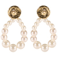 Boucles d'oreilles pendantes composées d'une pastille ronde martelée avec dessin de soleil en acier doré sertie d'une imitation de nacre et un cercle ovale de perles d'imitation de nacre.