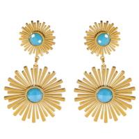 Boucles d'oreilles pendantes en forme de deux soleils en acier doré surmontés de deux pierres de couleur turquoise serties clos.