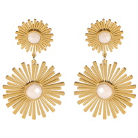Boucles d'oreilles pendantes en forme de deux soleils en acier doré surmontés de deux pierres de couleur blanche serties clos.