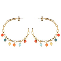 Boucles d'oreilles créoles ouvertes en forme de chaîne en acier doré avec pampilles de perles multicolores.