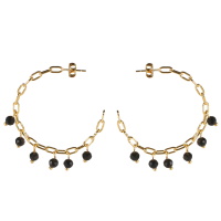 Boucles d'oreilles créoles ouvertes en forme de chaîne en acier doré avec pampilles de perles de couleur noire.