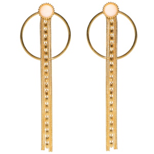 Boucles d'oreilles pendantes composées d'un cercle avec franges en acier doré et d'une puce sertie d'une pierre de couleur blanche.