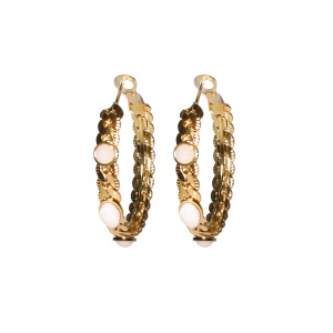 Boucles d'oreilles créoles en forme de chaîne en acier doré surmontées de deux cristaux blancs sertis clos et d'un cabochon de nacre de forme ovale.