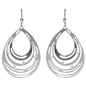 Boucles d'oreilles pendantes de forme ovale composées de plusieurs cercles en acier argenté surmontées de strass.