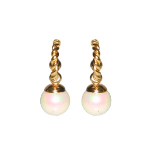 Boucles d'oreilles créoles ouvertes fil torsade en acier doré avec une perle d'imitation.