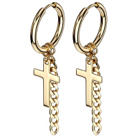 Boucles d'oreilles créoles avec croix et chaînette en acier doré 316L.