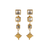 Boucles d'oreilles pendantes composées de trois cristaux carrés sertis clos et d'une étoile en acier doré.