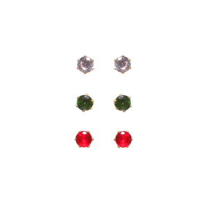 Lot de 3 paires de boucles d'oreilles puces en acier doré serties griffes de cristaux transparent et de couleur rouge et vert.
