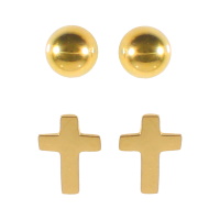 Lot de 2 paires de boucles d'oreilles puces en acier doré, l'une en forme de boule et l'autre en forme de croix.