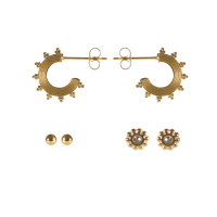 Lot de 3 paires de boucles d'oreilles puces en forme de boule, créoles en acier doré et de fleur en acier doré sertie d'un cristal.