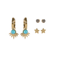 Lot de 3 paires de boucles d'oreilles puces en forme d'étoile, créoles avec pendant plume en acier doré surmonté d'un cabochon turquoise et d'une puce en acier doré sertie d'un cristal.