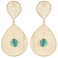 Boucles d'oreilles pendantes au motif filigrane en acier doré surmontées d'une perle sertie clos de forme ovale.