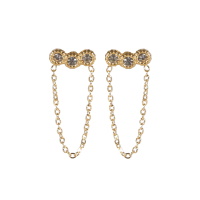 Boucles d'oreilles pendantes composées de trois cristaux sertis clos et d'une chaînette en acier doré.