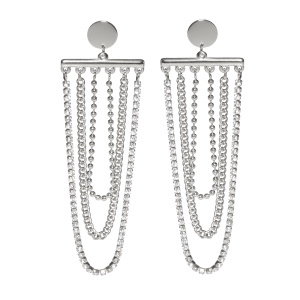 Boucles d'oreilles pendantes composées d'une puce ronde en acier argenté, de deux chaînes en acier argenté et d'une chaîne sertie de strass.