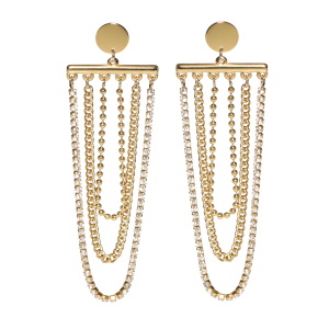 Boucles d'oreilles pendantes composées d'une puce ronde en acier doré, de deux chaînes en acier doré et d'une chaîne sertie de strass.