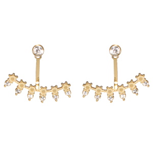 Boucles d'oreilles pendantes en acier doré composées d'une puce ronde serti clos d'un cristal et d'un pendant serti de 6 cristaux.