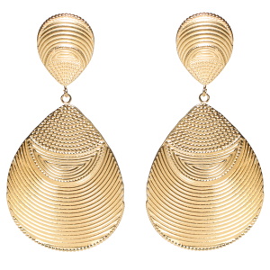 Boucles d'oreilles pendantes composées de deux pastilles ovales avec motifs en acier doré.