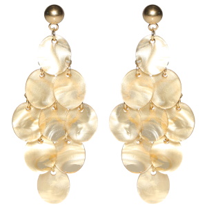 Boucles d'oreilles pendantes composées d'une puce ronde en acier doré et de pastilles ovales de couleur dorée.