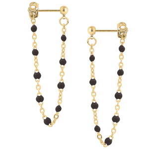 Boucles d'oreilles pendantes composées d'une puce ronde en plaqué or jaune 18 carats et d'une chaîne avec des perles de couleur noire.