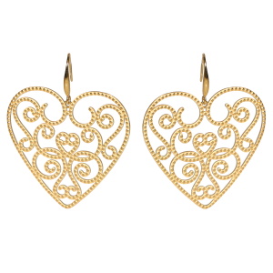 Boucles d'oreilles pendantes en forme de cœur avec motifs filigranes en acier doré.