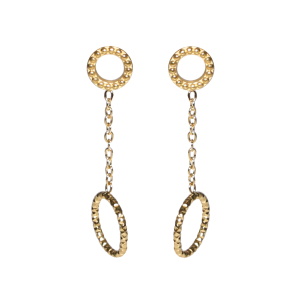 Boucles d'oreilles pendantes composées de deux cercles reliés par une chaîne en acier doré.