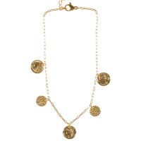 Bracelet chaîne de cheville composé d'une chaîne avec pampilles rondes martelées et imitation de pièces de monnaie en acier doré. Fermoir mousqueton avec 3 cm de rallonge.