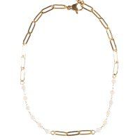 Bracelet chaîne de cheville composé d'une chaîne en acier doré et de perles de couleur blanche. Fermoir mousqueton avec 3 cm de rallonge.