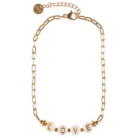 Bracelet chaîne de cheville en acier doré avec des perles cylindriques composant le mot LOVE. Fermoir mousqueton avec 3 cm de rallonge.