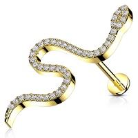 Piercing en forme de serpent pour labret, monroe, cartilage and autre en acier doré pavé d'oxydes de zirconium blancs.
