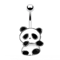 Piercing pour nombril en acier chirurgical 316L argenté avec un panda en émail de couleur blanc et noir.
