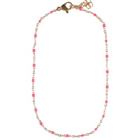Bracelet chaîne de cheville composé d'une chaîne en acier doré et de perles en émail de couleur rose. Fermoir mousqueton avec 7 cm de rallonge.
