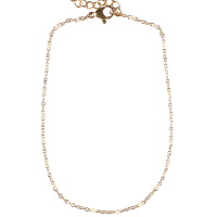 Bracelet chaîne de cheville composé d'une chaîne en acier doré et de perles en émail de couleur blanc. Fermoir mousqueton avec 7 cm de rallonge.