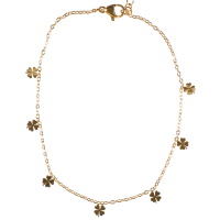 Bracelet chaîne de cheville composé d'une chaîne avec pampilles en forme de trèfle à quatre feuilles en acier doré. Fermoir mousqueton avec 5 cm de rallonge.