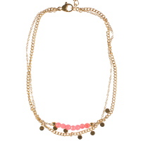 Bracelet chaîne de cheville double rangs composé d'une chaîne avec pampilles rondes en acier doré et d'une chaîne en acier doré avec des perles de couleur rose. Fermoir mousqueton avec 3 cm de rallonge.