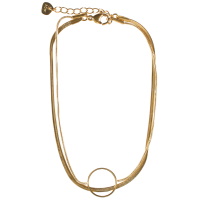 Bracelet chaîne de cheville double rangs composé d'une chaîne maille serpent en acier doré et d'une chaîne avec un cercle en acier doré. Fermoir mousqueton avec 3 cm de rallonge.