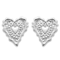 Boucles d'oreilles puces en forme de cœur avec motifs en relief en argent 925/000 rhodié.