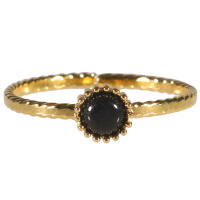 Bague anneau en acier 316L doré surmontée d'une pierre de couleur noire sertie clos de forme ronde. Taille ajustable.