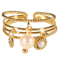 Bague multi rangs avec une pastille ronde en acier doré, un pendant serti d'une pierre de couleur blanche et une perle d'imitation. Taille ajustable.