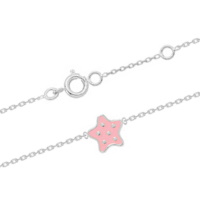 Bracelet pour enfant composé d'une chaîne en argent 925/000 rhodié et d'une étoile à pois en émail de couleur rose. Fermoir anneau ressort avec anneaux de rappel à 13.5 et 15.5 cm.