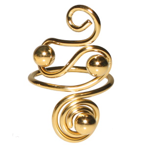 Bague en forme de spirale avec trois boules en acier doré. Taille ajustable.