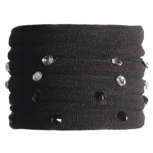 Lot de 6 élastiques pour cheveux en textile de couleur noir surmontés de strass transparent et noir.
