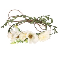 Serre-tête couronne de fleurs en fil de fer recouvert de textile de couleur et fleurs et feuilles en textile et plastique.