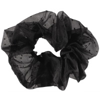 Chouchou élastique pour cheveux en textile synthétique de couleur noire avec petits pois noirs.