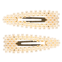 Lot de 2 clic-clacs en métal doré surmontés de perles synthétiques.