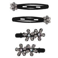 Set d'articles cheveux composé de 2 clic-clacs en métal noir surmontés d'une fleur en strass et de 2 pinces en métal noir surmontées de fleurs en strass.