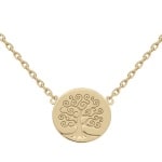 Collier avec pendentif rond au motif de l'arbre de vie en plaqué or 18 carats. Fermoir anneau ressort avec rallonge de 3.5 cm.