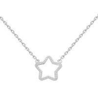 Collier composé d'une chaîne et d'un pendentif étoile ajourée en argent 925/000 rhodié. Fermoir anneau ressort avec 4 cm de rallonge.