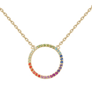 Collier composé d'une chaîne en plaqué or jaune 18 carats et d'un pendentif cercle pavée d'oxydes de zirconium multicolores aux couleurs de l'arc en ciel. Fermoir anneau de ressort avec 4 cm de rallonge.