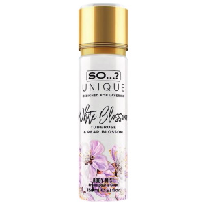 Brume parfumée pour le corps So...? Unique White Blossom. Ce parfum offre un léger parfum de tubéreuse et de jasmin, avec des notes de poire et de gingembre.